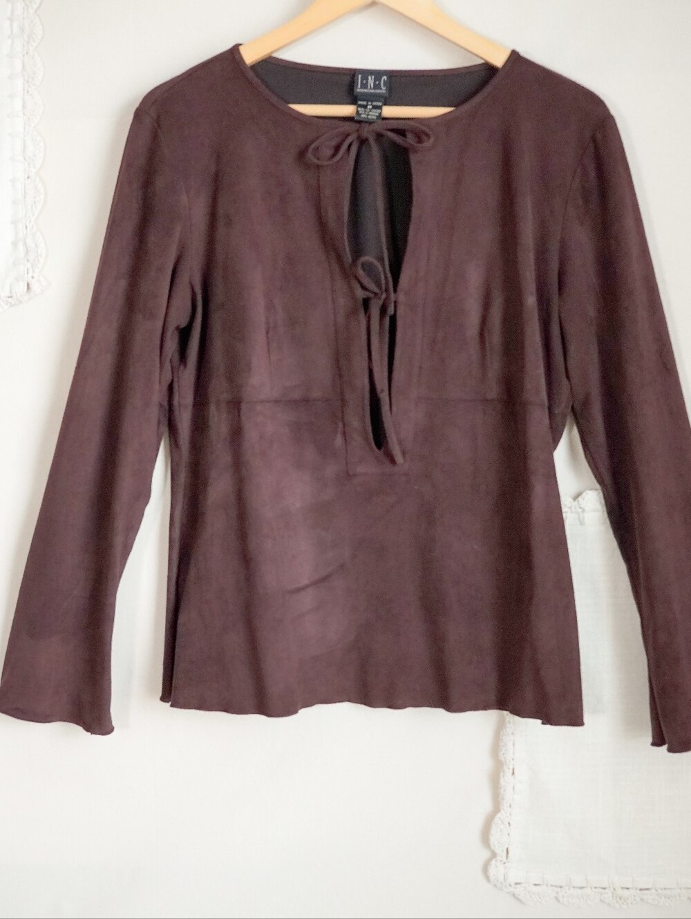 INC International Concepts Brown Faux Suede Tie Front Top Size Medium